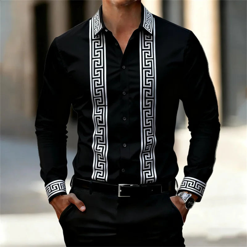 Men's Retro Geometric Print Shirt, Stylish Long-Sleeve Black Shirt, Business Casual Men's Top