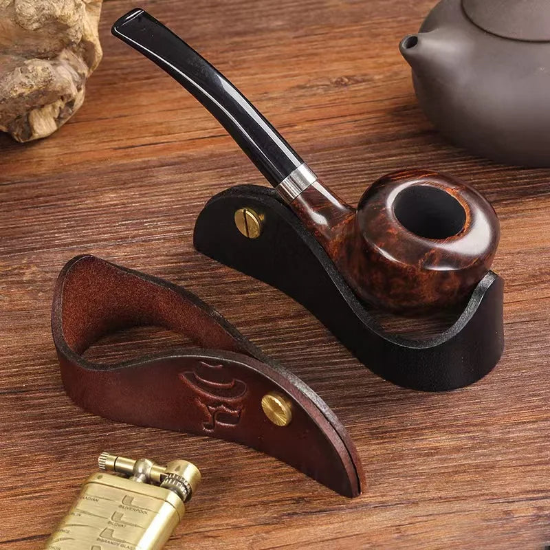 Genuine Leather Pipe Stand Holder - Retro Embossed Tobacco Pipe Rest with Brass Button for Smoking Pipe (Brown/Black)