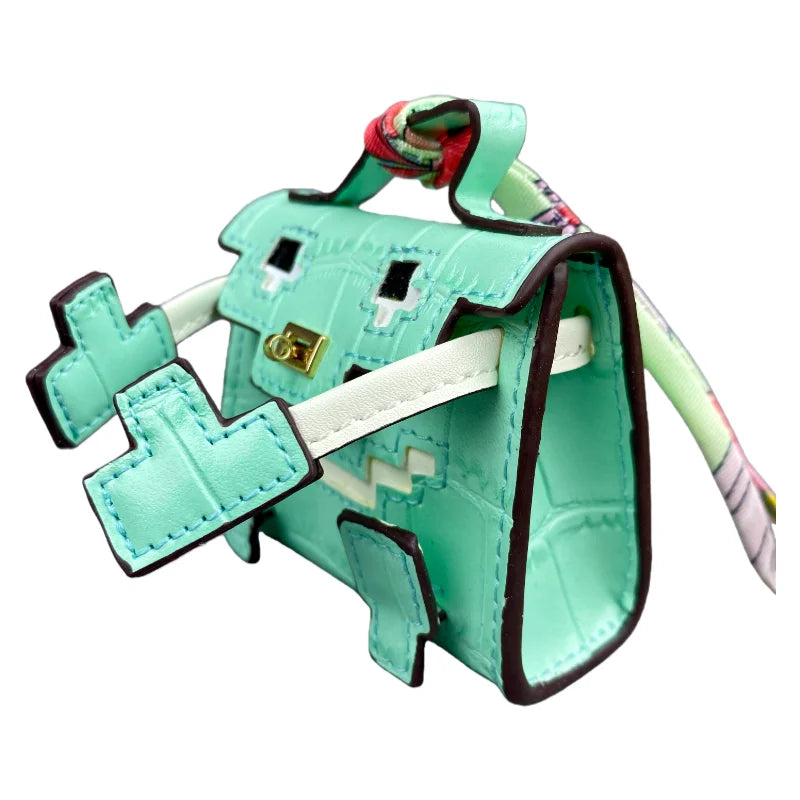Mini Pixel Doll Bag Charm Adorable Croc-Etched PU Leather Keychain with Pouch for Earbuds & Coins Handcrafted Pastel Cutie Gift