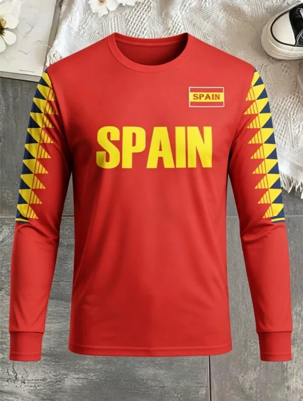 Spanish round neck long sleeved T-shirt quick drying versatile fashion print competition training daily outfit
