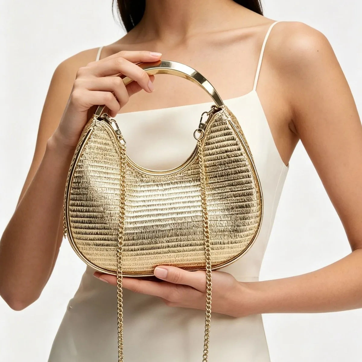 Elegant Metal Handle Dumpling Shaped Crossbody Bag for Women Lightweight Luxury Handbag Wedding Party Bag Ladies New Model