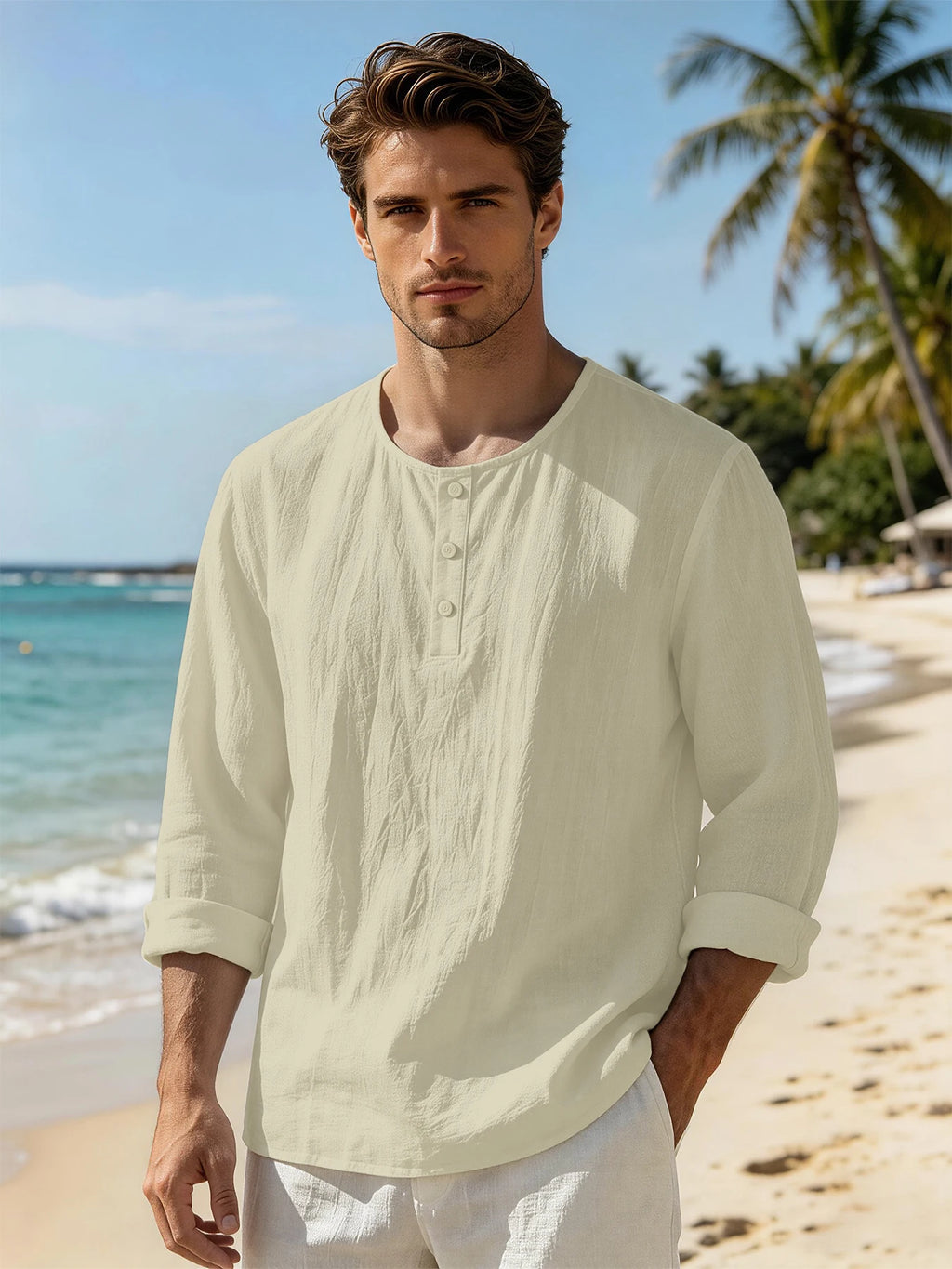 Vintage Men Linen Crinkle Henley Long Sleeve Tops, 3 Button Crew Neck Lightweight Breathable Shirts, Casual Holiday Blouses For
