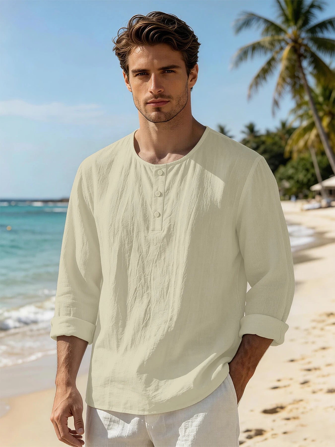 Vintage Men Linen Crinkle Henley Long Sleeve Tops, 3 Button Crew Neck Lightweight Breathable Shirts, Casual Holiday Blouses For