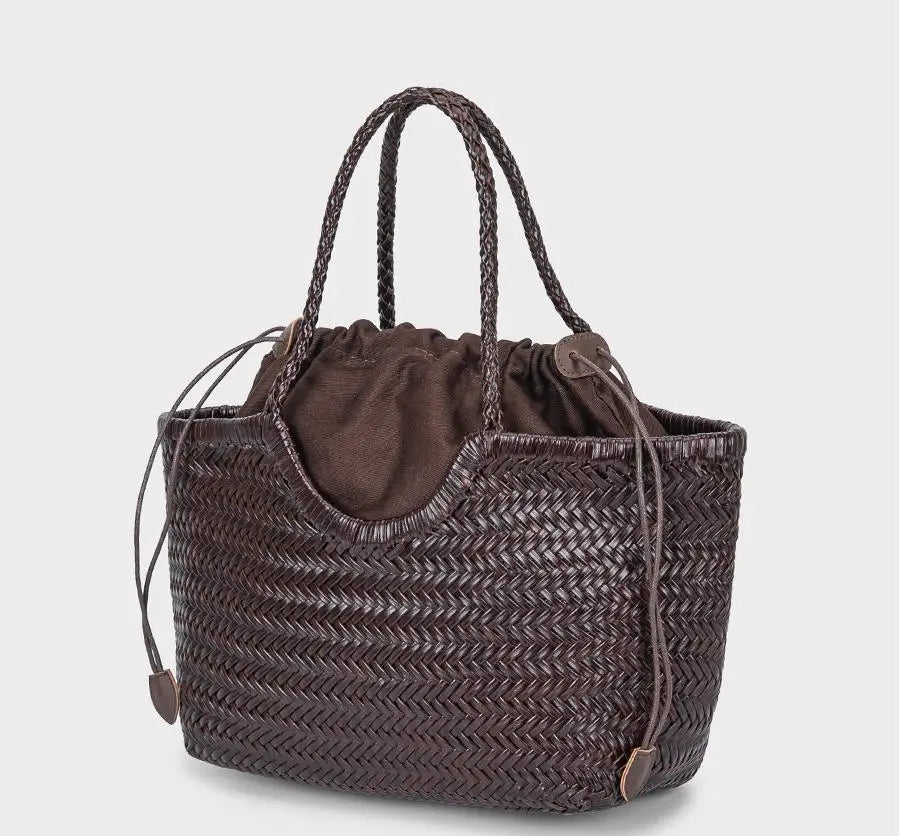 Hand-woven Genuine Leather Woven Casual Vegetable Basket Bag with Casual Woven Inside Bag Shoulder Underarm Tote Bag