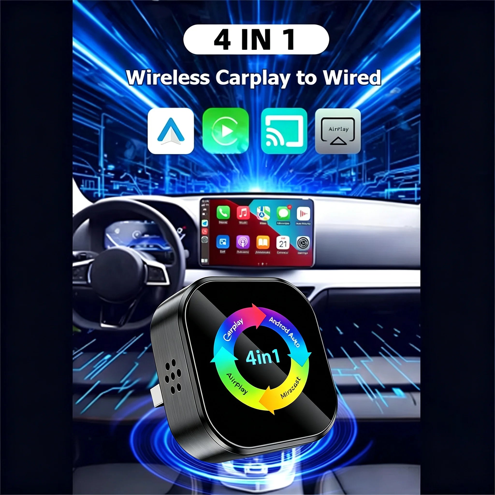 2026 4 in 1 Wireless CarPlay Dongle Android Auto Adapter Airplay Mirror Link for Apple Android USB Plug and Play 5GHz WIFI