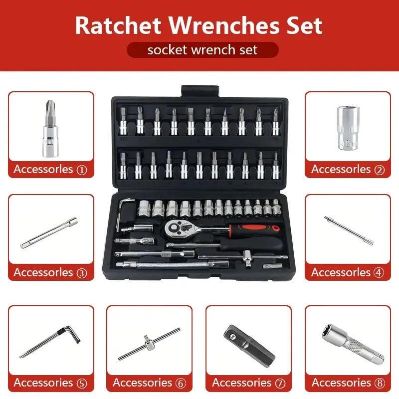 46 Pieces 1/4 Inch Metric Ratchet Socket Wrench Set with Extension Bar, Portable Repair Tools for Auto & Household Use