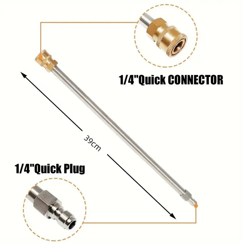 17 Inch Stainless Steel High Pressure Washer Extension Wand, 1/4" Quick Connect Male Female Plug, Cleaning Gun Accessory
