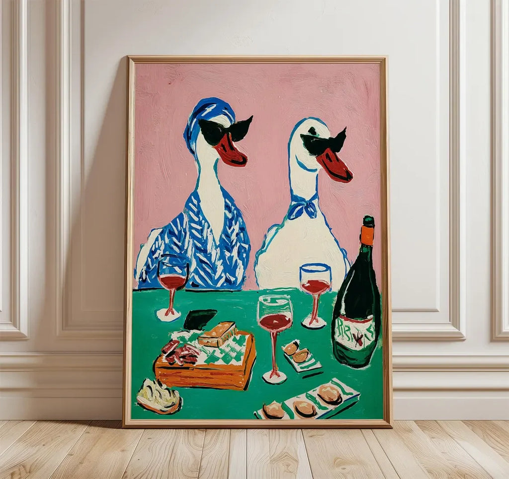 Duck Wine Party Art Print, Quirky Animal Poster, Retro Wall Art with Ducks and Wine, Fun Dining Room or Kitchen Decor