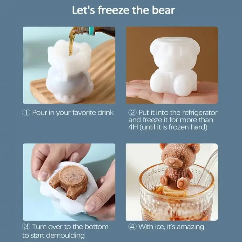 1-10PCS 3D Bear Ice Cube Mold Cube Silicone Bear Ice Grinder Ice Cream Coffee Making Tools Cold Drink DIY Ice Cream Molds
