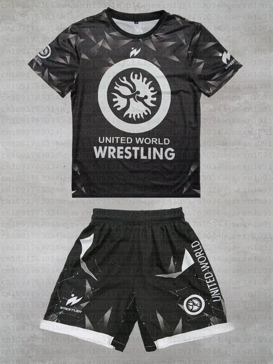 2026 New Summer Men Kid United World Wrestling Sportswear Set Short Sleeve T Shirt and Shorts for MMA Training Lightweight