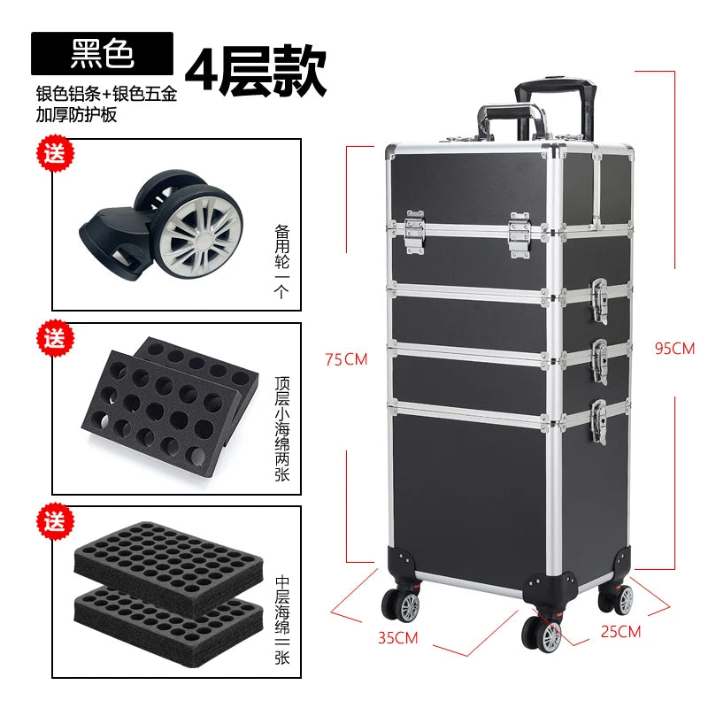 Professional Manicure Suitcases Travel Multilayer Large Capacity Makeup Valises Aluminium Luggage Trolley Tool Box Customized