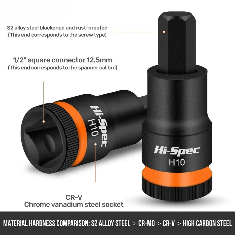 For Auto Repair,Hand Tools Mechanical Workshop Tool Hi-Spec 1/2 Inch Drive Impacts Socket Set Hex Bits H4-H17 CR-V Sockets Set