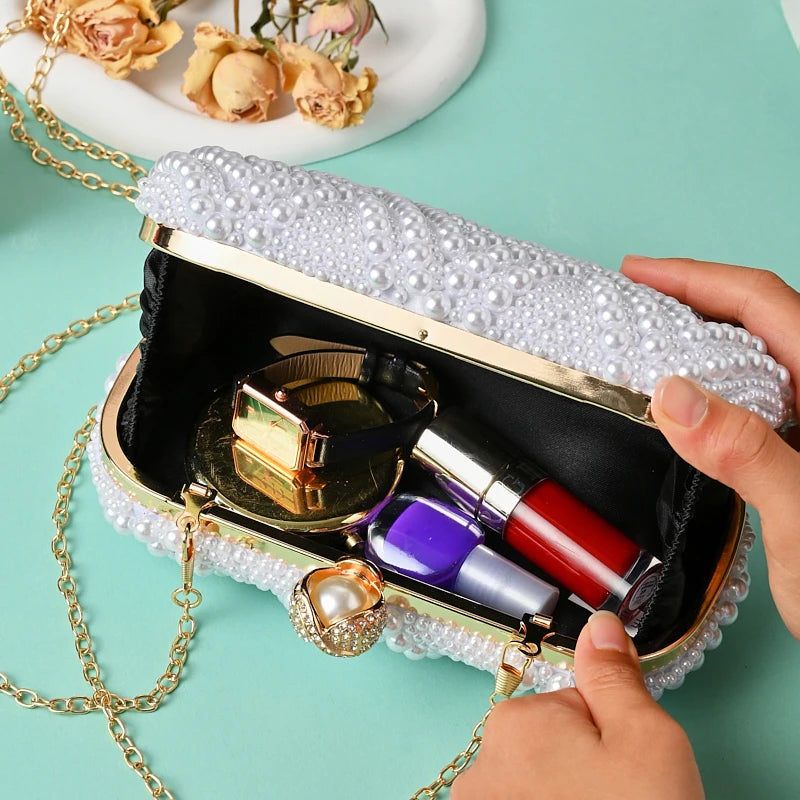 New high-end pearl evening bag with handcrafted beading, versatile for wedding banquet and party dresses, handbag
