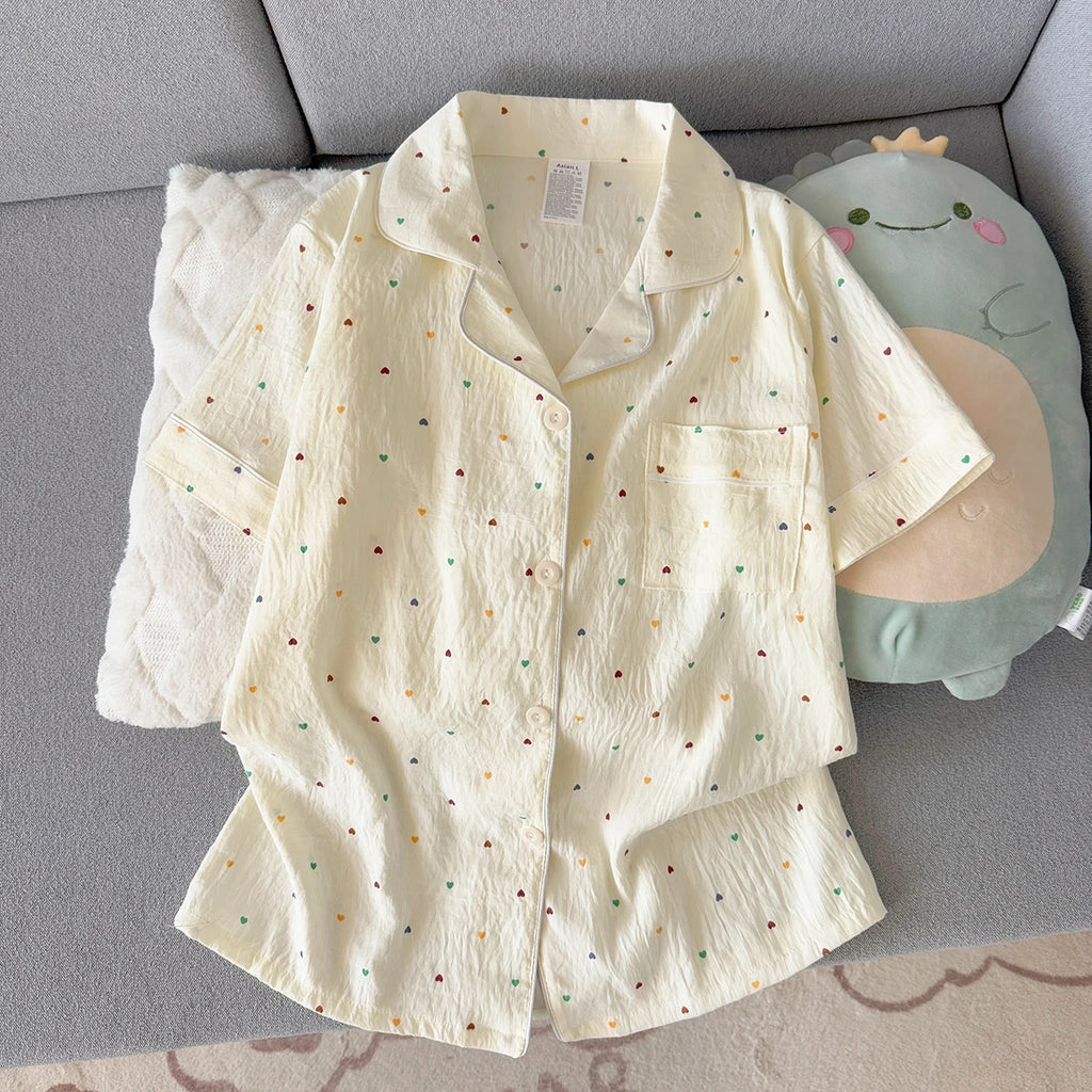 Women's Summer Thin Pajamas with Heart-Shaped Pattern, Short-Sleeved Shorts, Sweet and Cute, Can Be Worn Outside in Summer, Two-Piece Home Wear Set