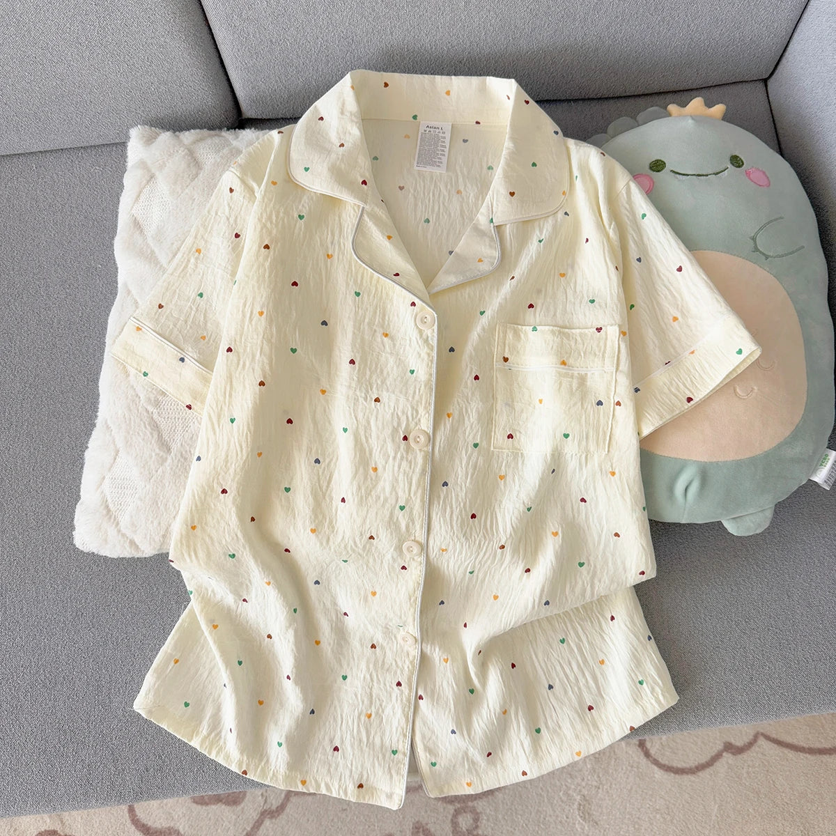 Women's Summer Thin Pajamas with Heart-Shaped Pattern, Short-Sleeved Shorts, Sweet and Cute, Can Be Worn Outside in Summer, Two-Piece Home Wear Set
