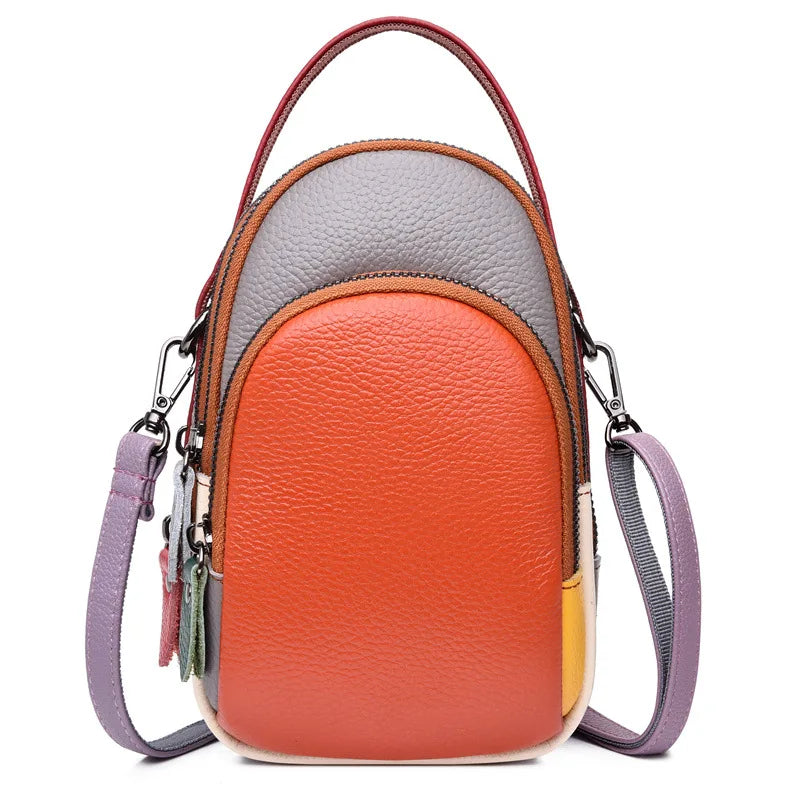 Leather mobile phone storage, hand-held crossbody bag with top layer cowhide color contrast, large capacity single-shoulder bag