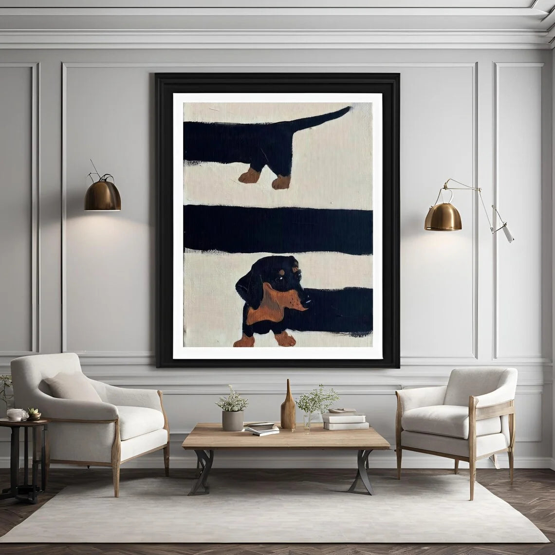 Playful Mid-Century Dog Wall Art - Textured Impasto Print of Curious Dachshunds, Blending Clean Geometric Lines with Warm Earth