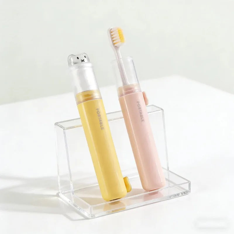 2 In 1 Foldable Travel Toothbrush Set Portable Toothpaste Storage Soft Bristle with Bear Cover Macaron for Business Travel