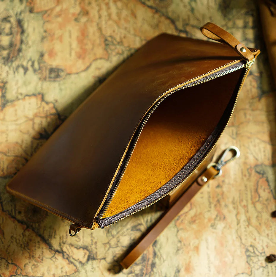 Handmade Vintage Men's Top-Grain Leather Briefcase - Medium Waxed Leather Zippered Document Organizer Clutch Bag