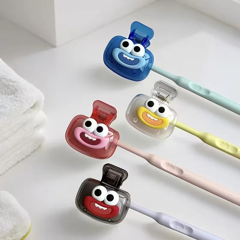 4-piece new cute and cheerful face-shaped toothbrush set in dopamine color combination with toothbrush dust cover