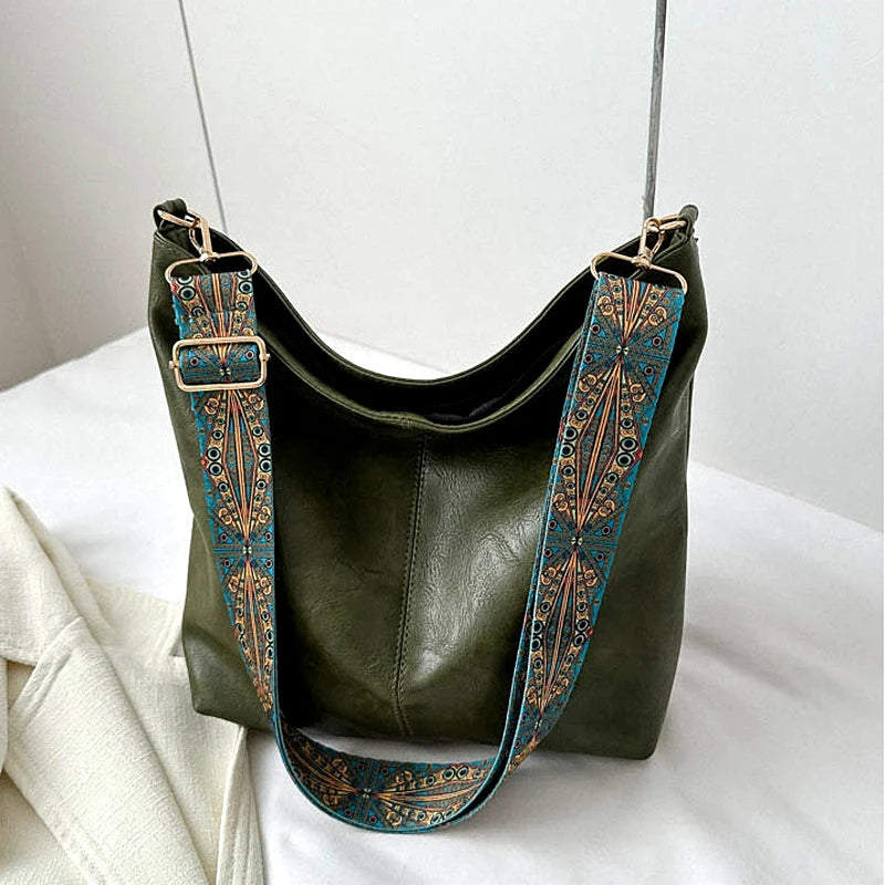 Women Vintage PU Leather Shoulder Bag Large Capacity Hobo Tote Wide Strap Casual Crossbody Purse Daily Handbag Quality