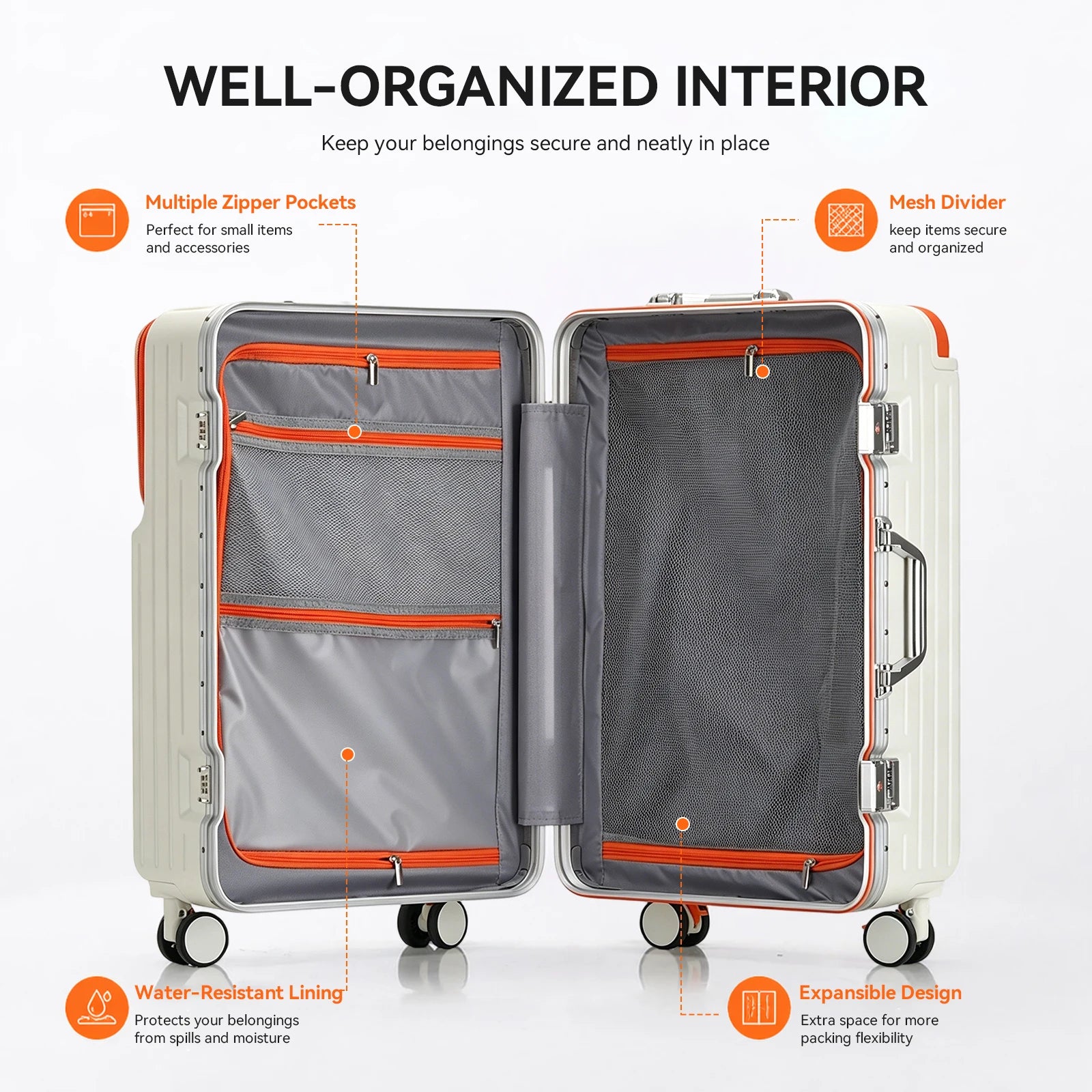 AIWEINY 20/24/26Inch Front Opening Hard Shell Luggage Aluminum Frame Wide Handle USB 360° Silent Wheels TSA Lock Business Travel