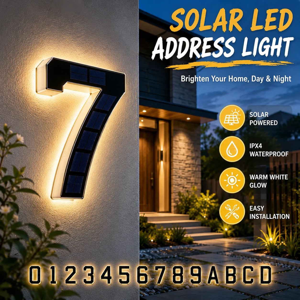 LED Solar House Number Light Waterproof Address Plate with Light Sensor for Home Entrance Yard Wall Outdoor Decoration