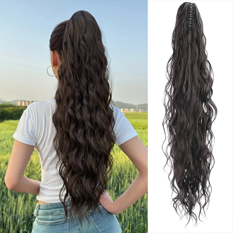 AOOSOO Synthetic Water Ponytail Hair Extension Clip On Woman's Ponytail Hair Accessories Long Curly Wig Natural Curly Black