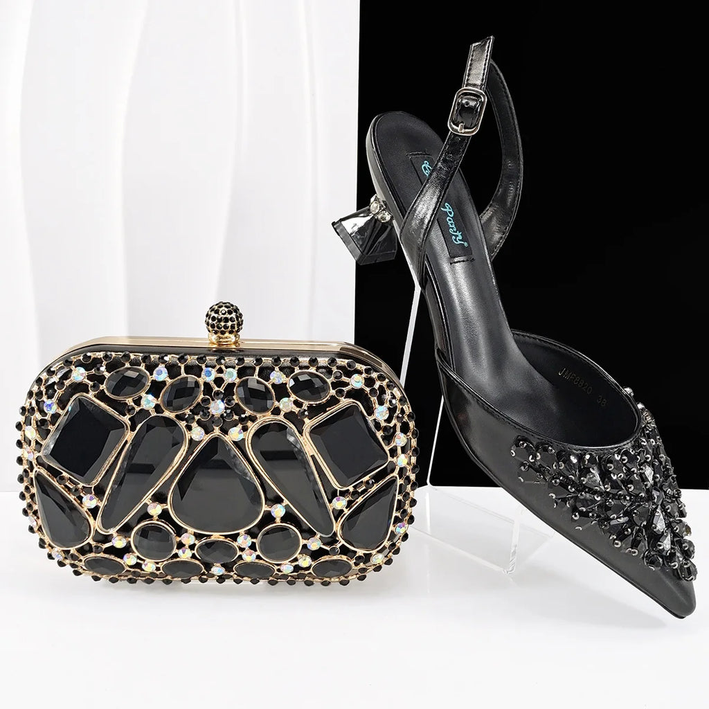 2025 Big Cryatal Italian Design African Women Shoes Matching Bag Pointed Toe Comfortable Heels for Party in Champagne Color