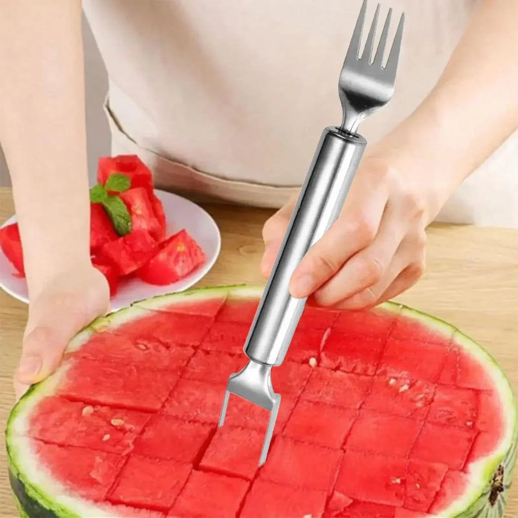 2-in-1 Stainless Steel Fruit Cutter,Dual Head Watermelon Fork Cutter Slicer Tool for Home Kitchen Gadget Melon Cube Cutter