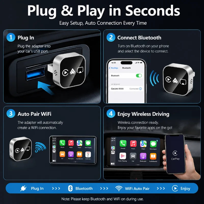 Mini 4-in-1 Wireless CarPlay Dongle 2026 New Upgrade Convert Wired To Wireless Android Auto AirPlay Mirror Link USB Plug & Play