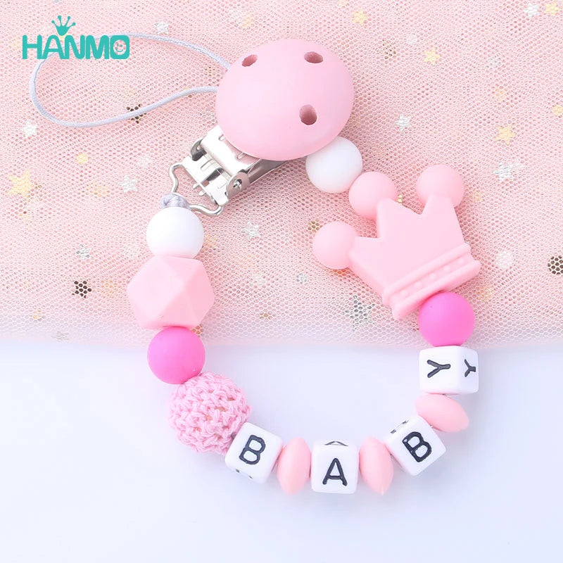 Custom Free personalized Name baby pacifier holder chain Handmade silicone crown safe teether Newborn Chew Gift