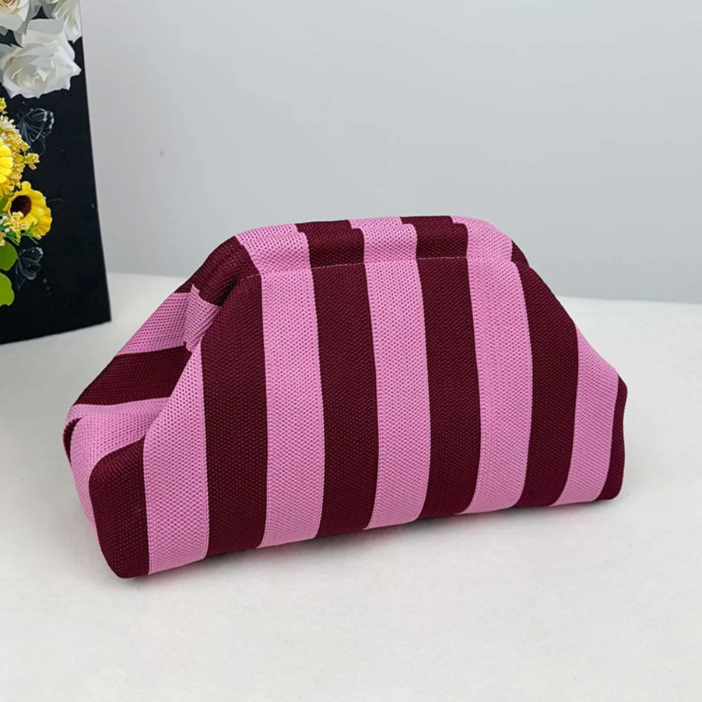 New bright-colored knit bag, thin striped fly-knit cloud, versatile elegant portable makeup bag, large-capacity handbag