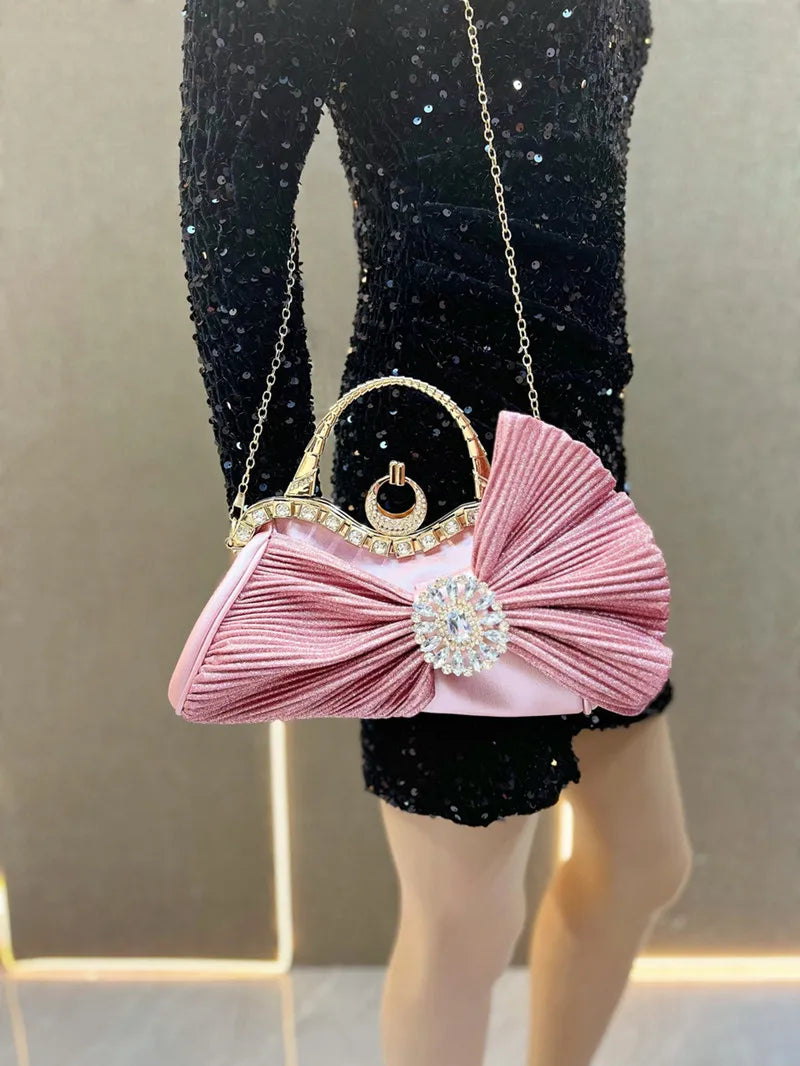 2025 Luxury Women French Shiny Bow Wedding Party Evening Handbag Fashion Designer Handmade Diamond-encrusted Banquet Clutch Bag