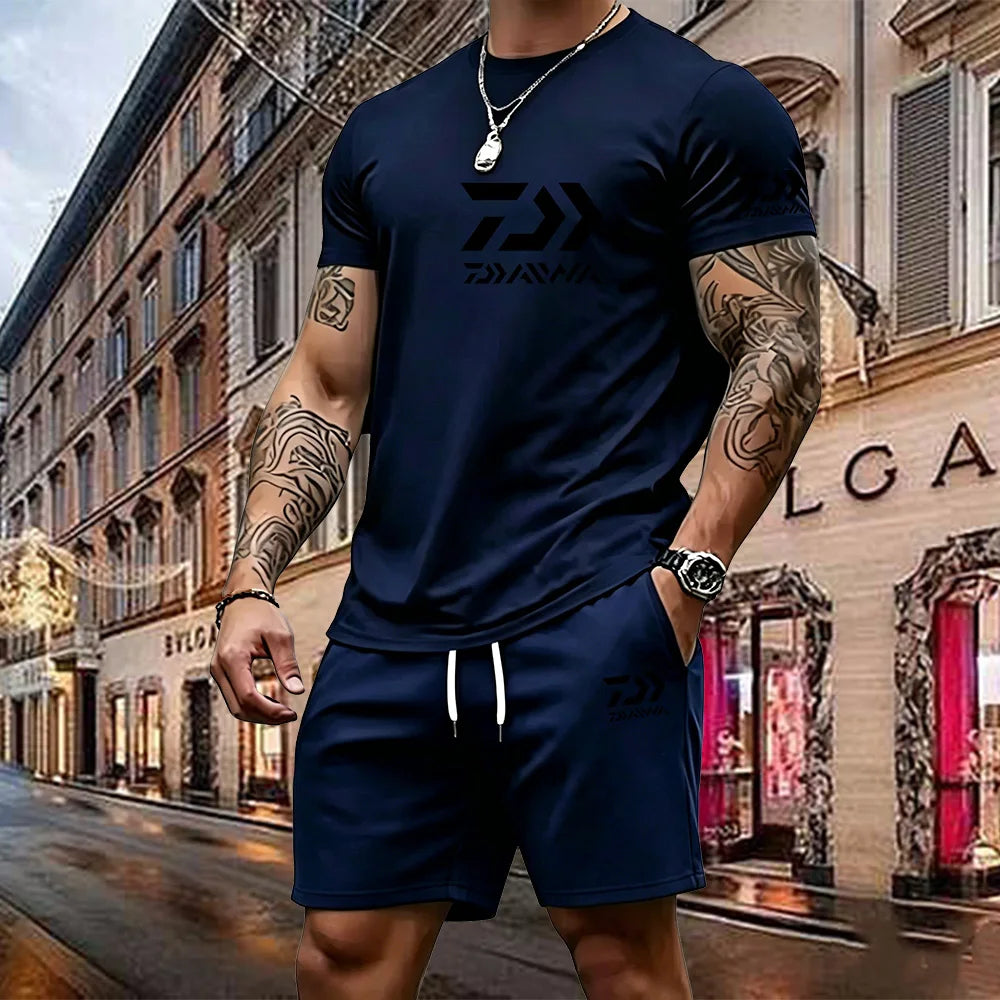 2026 Summer New Men's Fashion Outdoor Sports Set Printed Short Sleeve T-shirt+Shorts Loose Home Leisure Two Piece Set