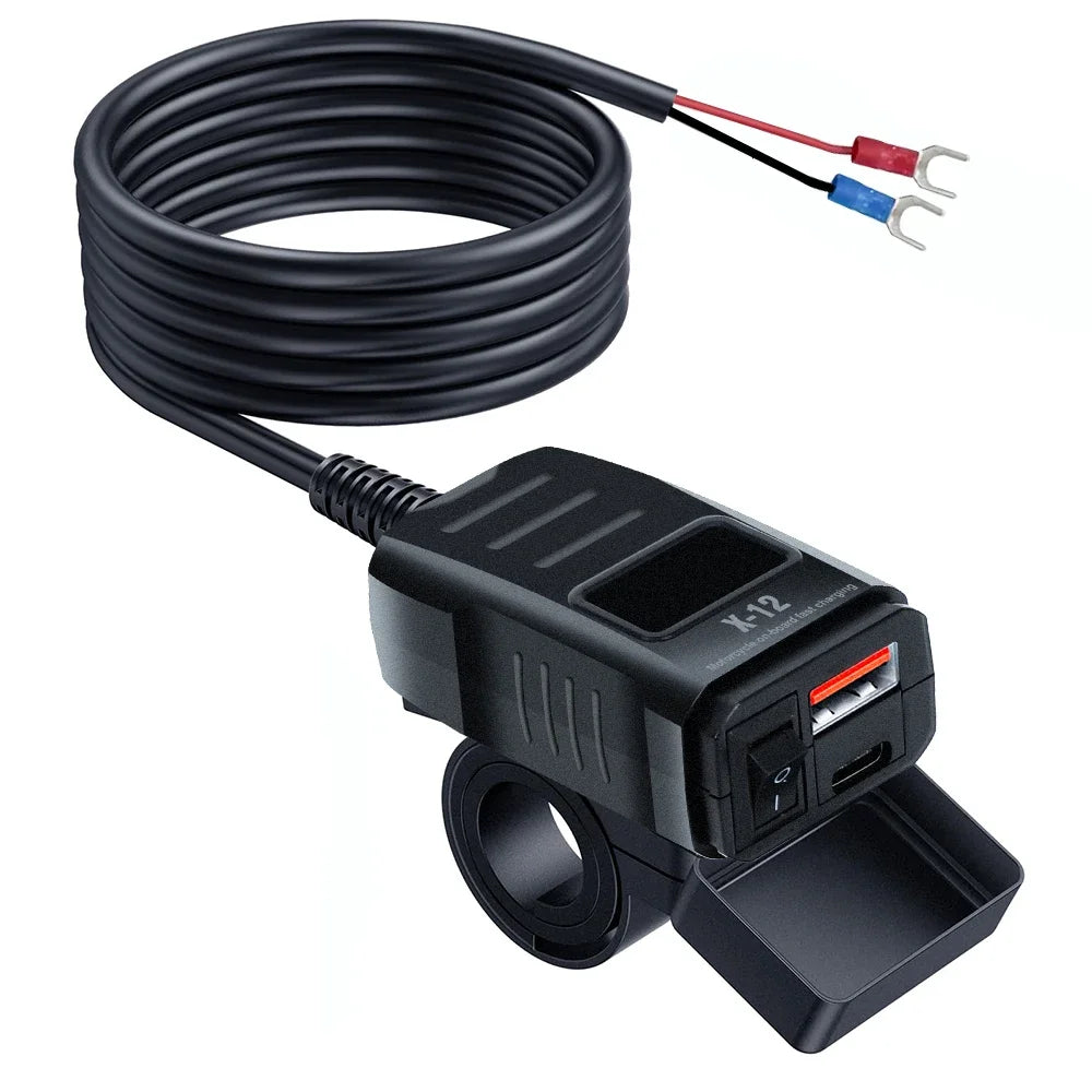 Motorcycle Vehicle-Mounted Charger Waterproof Adapter 12V-24V Phone USB PD Ports Quick Charge 3.0 With Switch Digital Voltmeter
