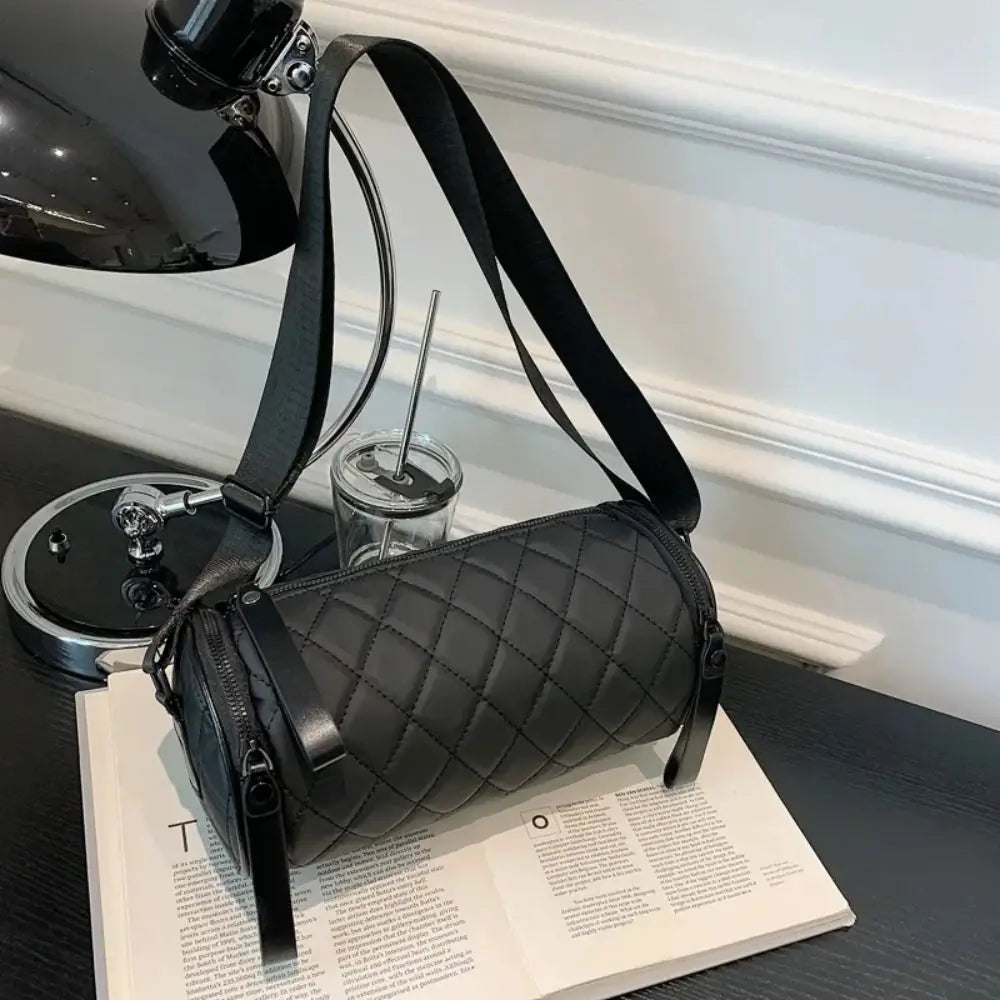 Simple Solid Color Cylinder Bag Round Diamond Bucket Bag Nylon Wide Shoulder Strap Barrel Bag Travel