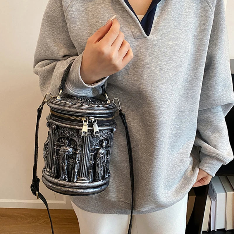 Baroque Style 3d Embossed Bucket Bag Creative Sculptural Cylinder Handbag Unique Retro Artistic Design Crossbody Purse For Women