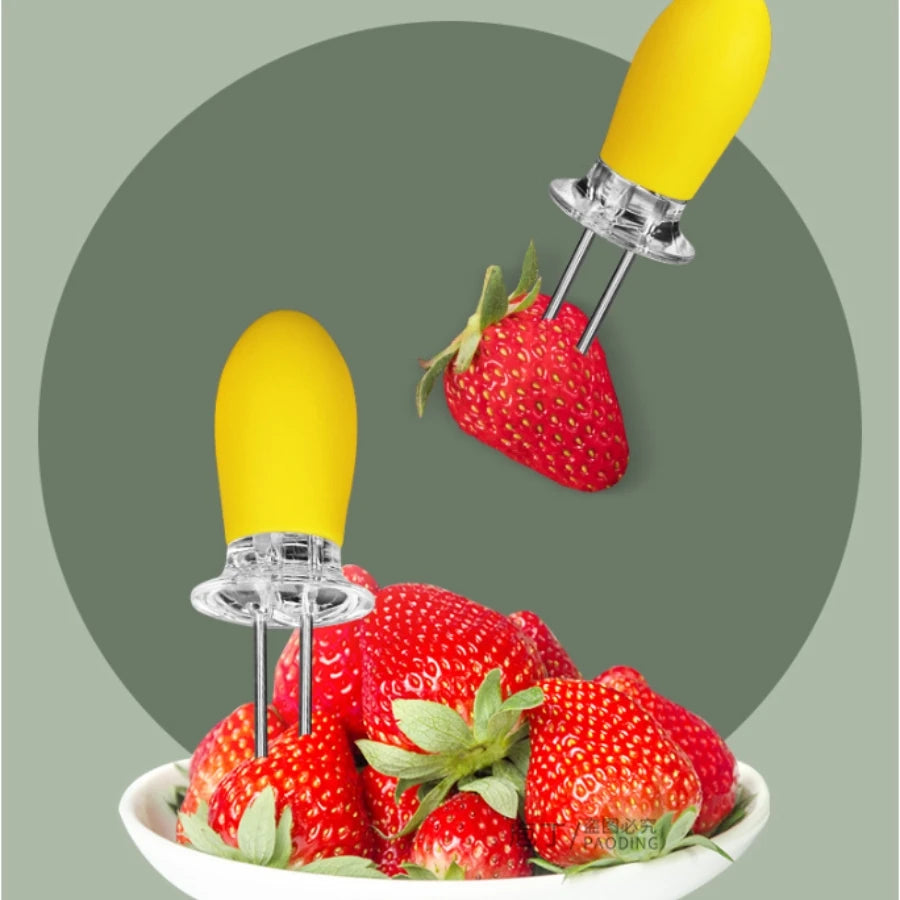 Stainless steel corn cob holder, corn skewer, barbecue fork, fruit fork, with silicone handle and convenient butter spreader