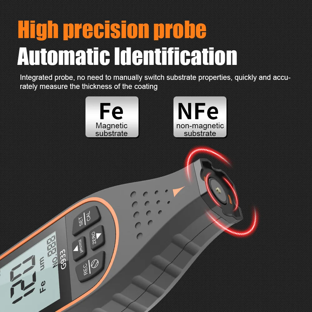 Digital Coating Thickness Gauge for Cars Fe/NFe Detection Backlit LCD Automotive Coating Thickness Tester Painting Test Gauge