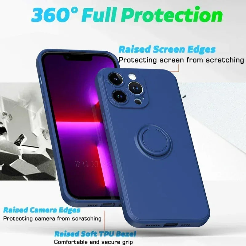 Liquid Silicone Case For iPhone 16 16e 15 13 Mini 14 12 11 Pro Max Plus Phone Holder Ring Stand Protect Cover With Wrist Strap