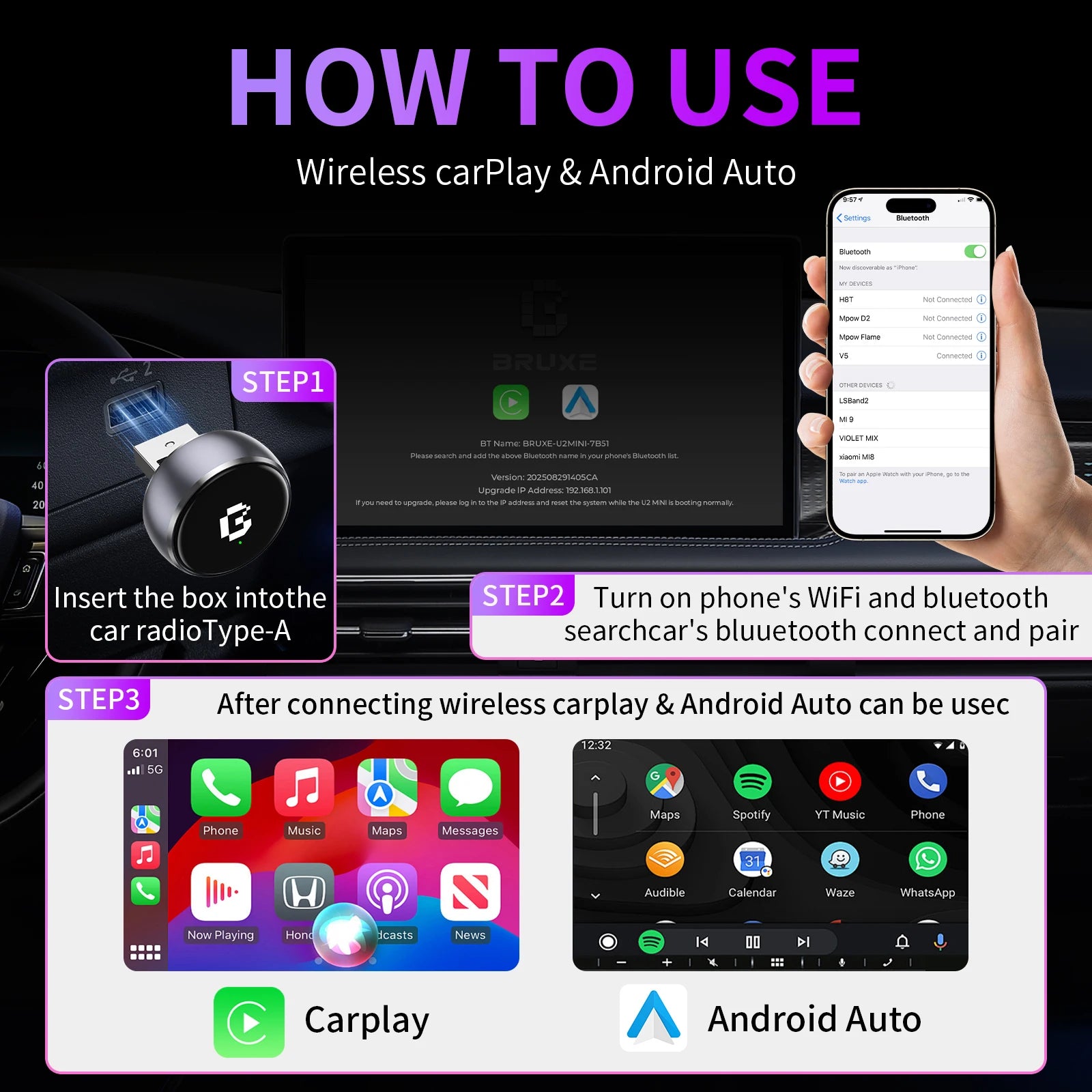 2025 BRUXE U2 MINI 2IN1 Wired to Wireless Android Auto CarPlay Adapter Plug and Play Support Phone Call Navigation Bluetooth