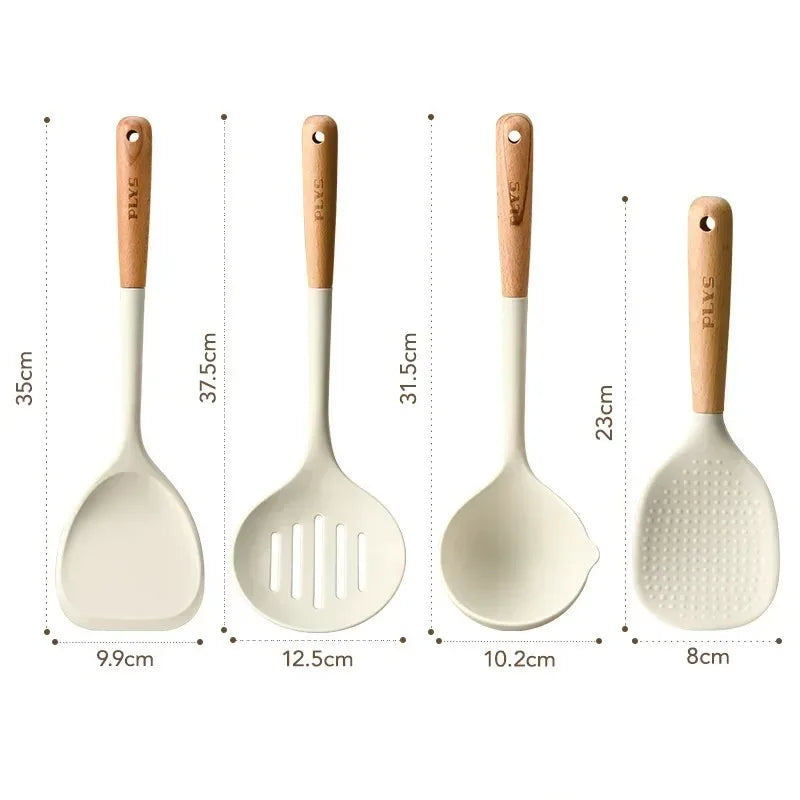 Silicone kitchenware set, durable hardwood handle, heat resistant tools, non-stick pan long handle porridge spoon Sieve Spatula