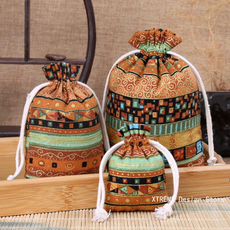 1PC Ethnic Style Cotton Linen Drawstring Pocket Bag Buddhist Beads Storage Bag Jewelry Coin Purse Bag Small Things Sorting Bags