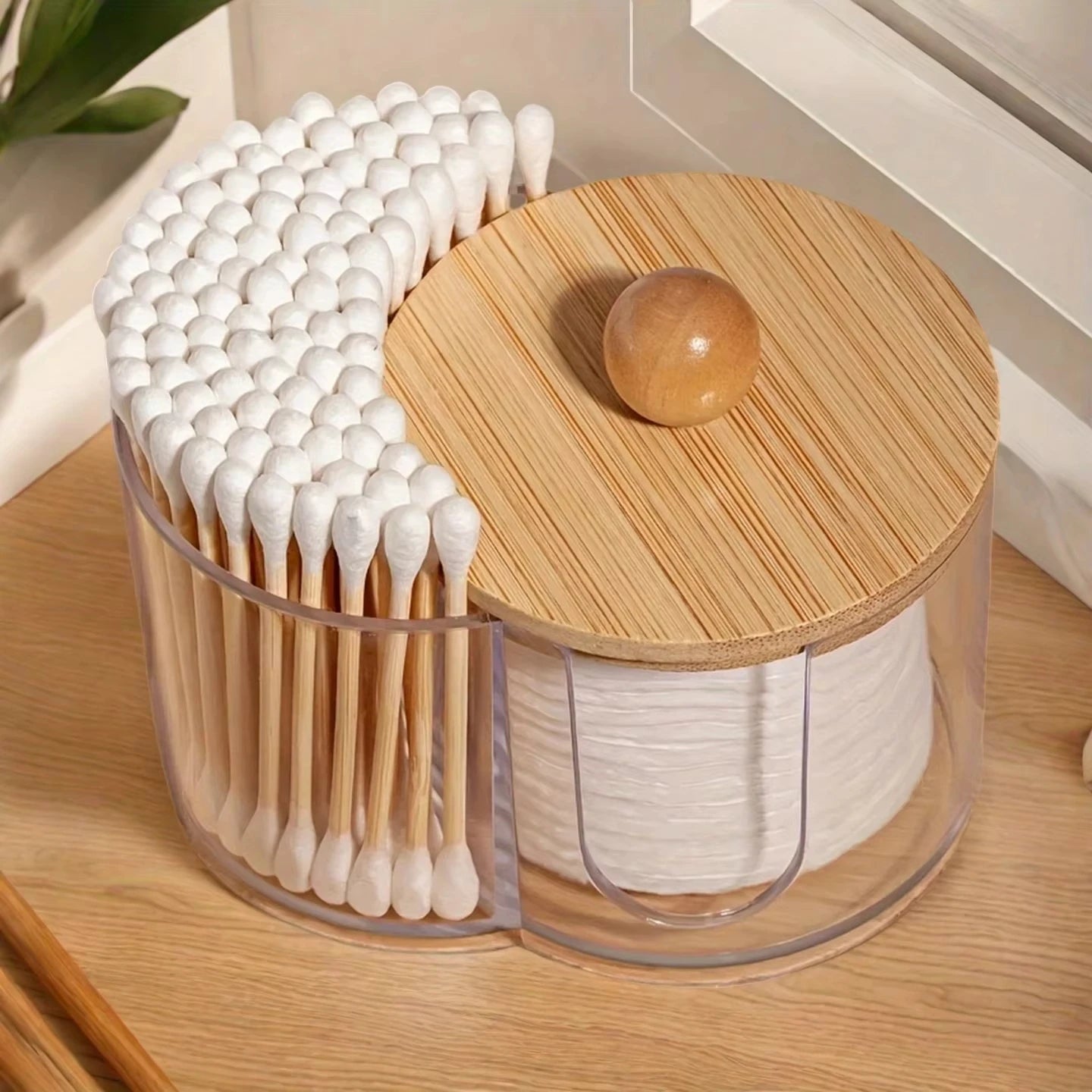 Holder with Dual Compartments - Clear Cotton Swab and Cotton Balls Organizer - Transparent Bathroom Storage Container for Makeup