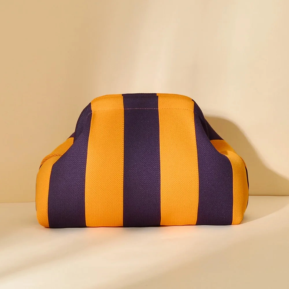Knitted striped handbag dinner work beach large capacity daily versatile color contrast commuter clip bag women