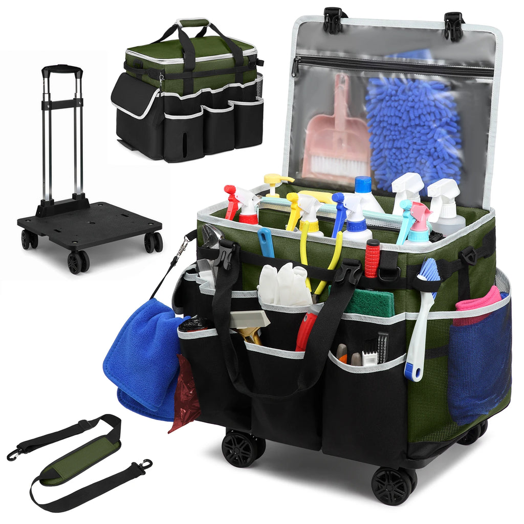 Rolling Cleaning Caddy Bag Tool Bag Cleaning Tools Storage Bag Professional Portable Large Cleaning Bag With Wheels Oxford Bags
