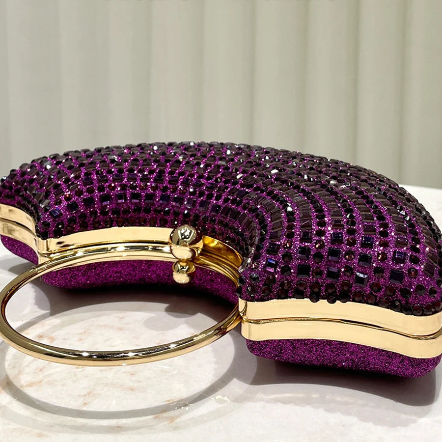 Purple shiny luxurious diamond ring handle handbag lady's evening bag for party dress wedding clutch purse chains shoulder bags