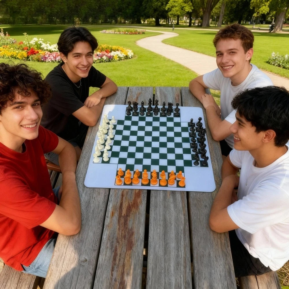 4 Players Chess Classic Board Game, 64pcs Colorful Chess（4 different color 16 PCS per color）, Chess Game for Team with Game Mat