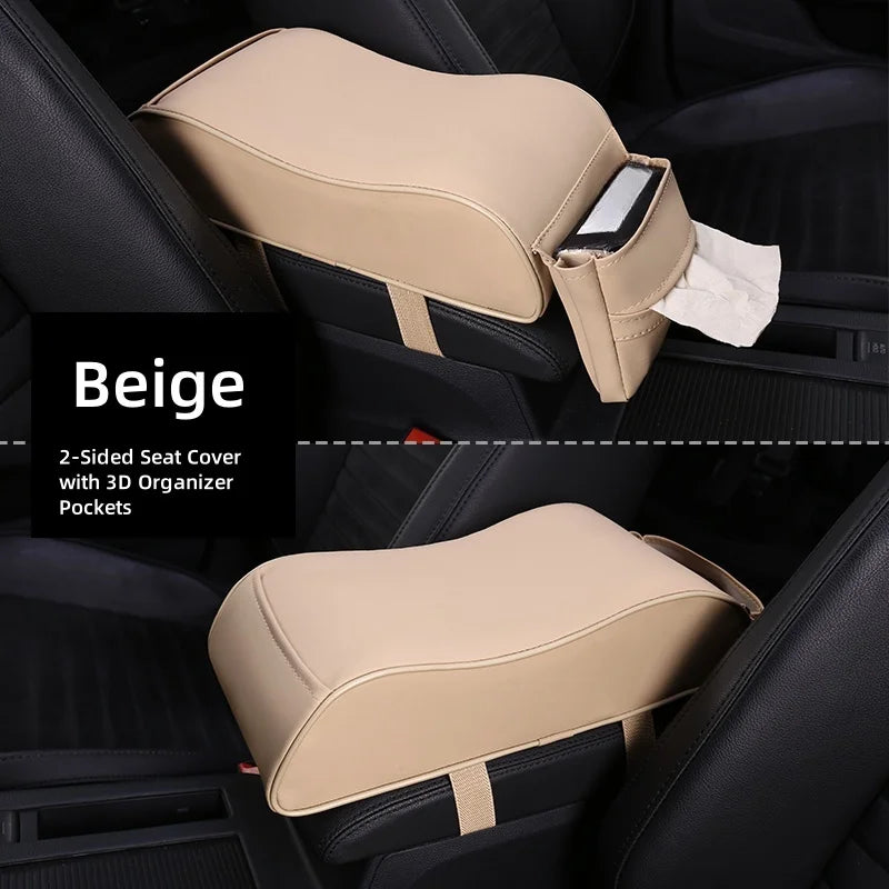 PU Leather Car Center Console Armrest Pad Ergonomic Curve Shape Tissue Pocket Storage Car Interior Gifts